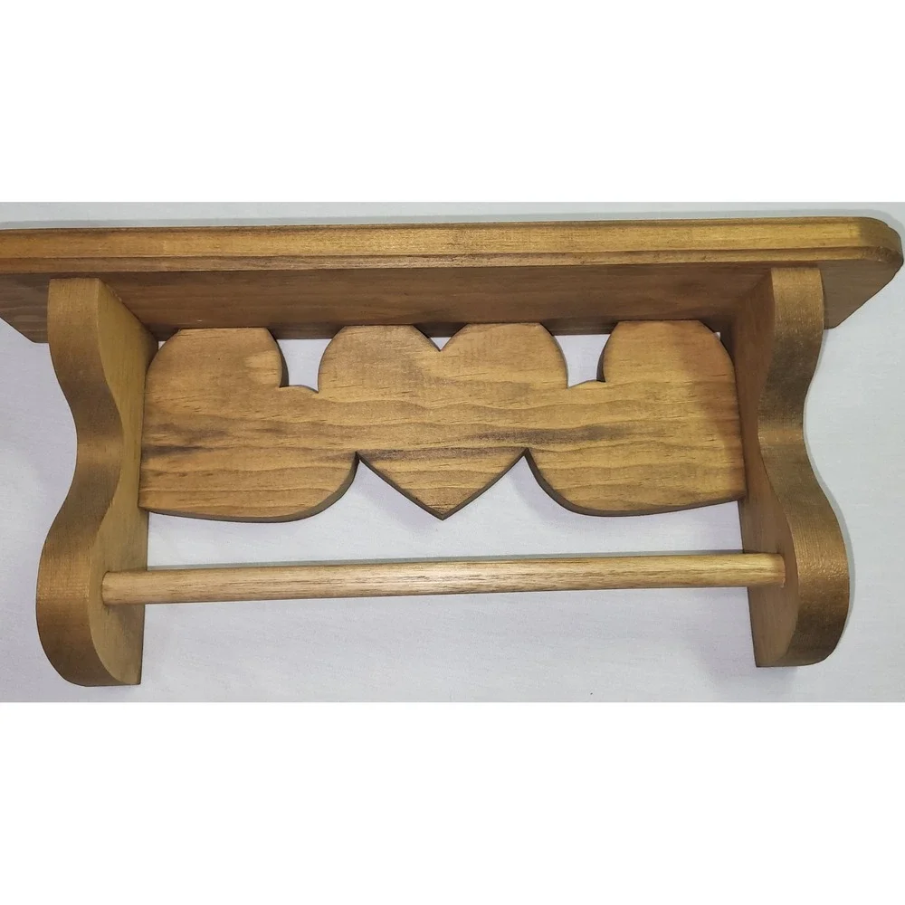 Vintage Wooden Heart Wall Shelf Towel Bar Medium Brown Country Farmhouse Rustic